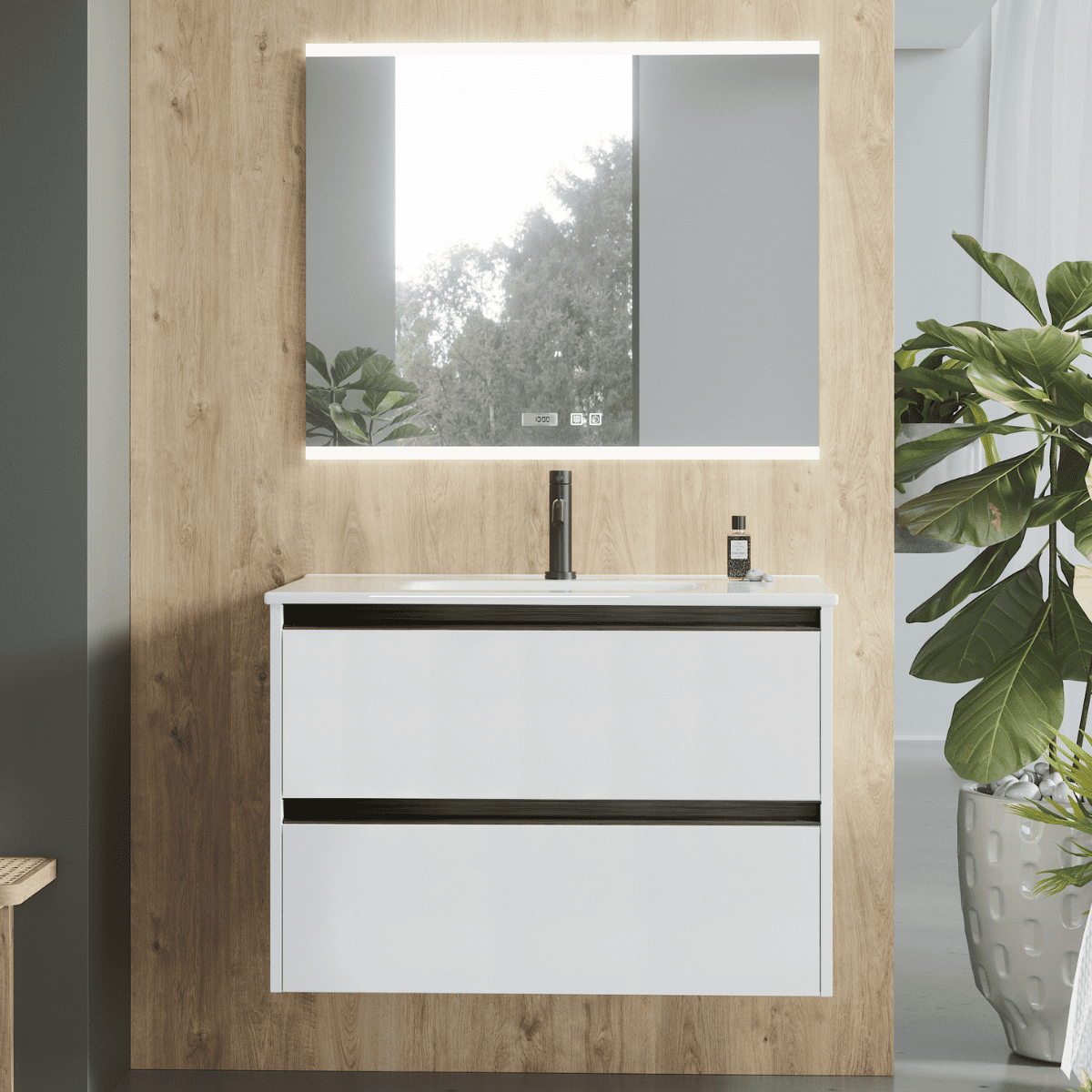 Mueble de baño suspendido |lavabo |2 cajones | 70 cm blanco mate tir. Negro