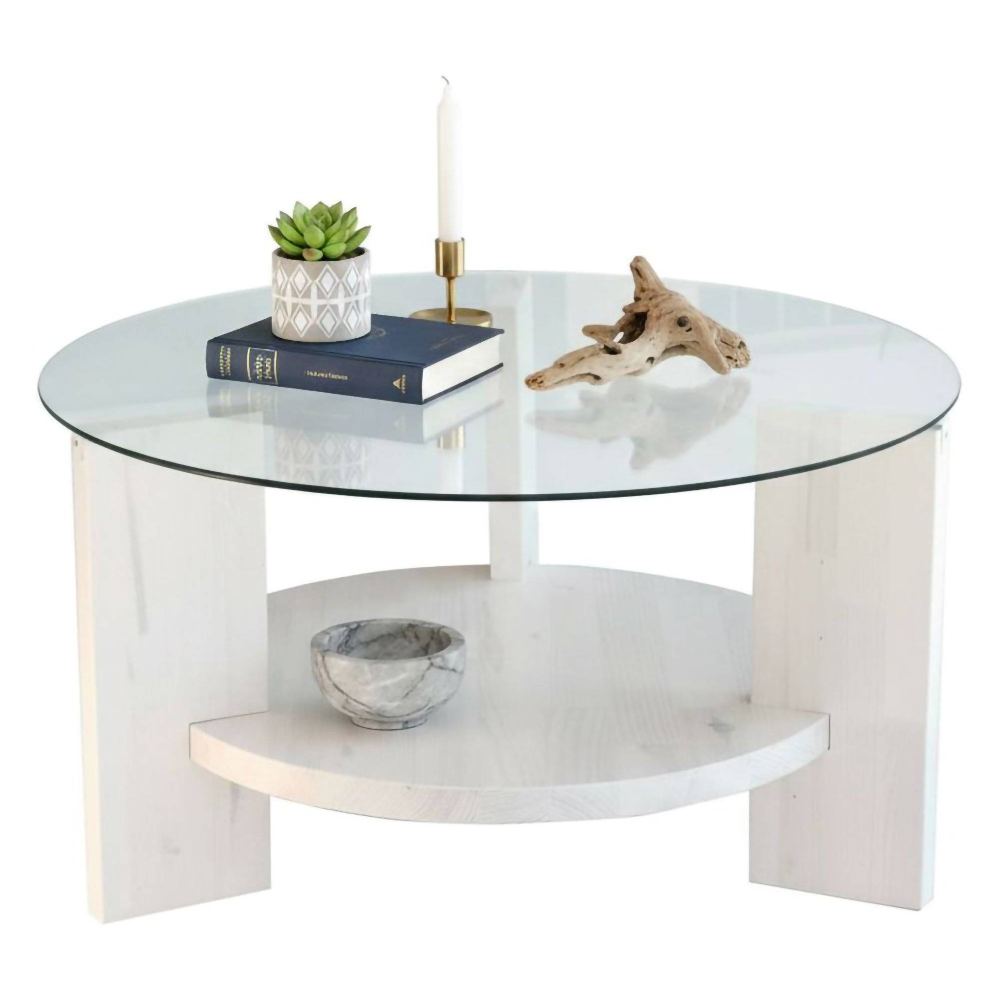 Mesa de centro felino, redonda, en madera maciza blanca