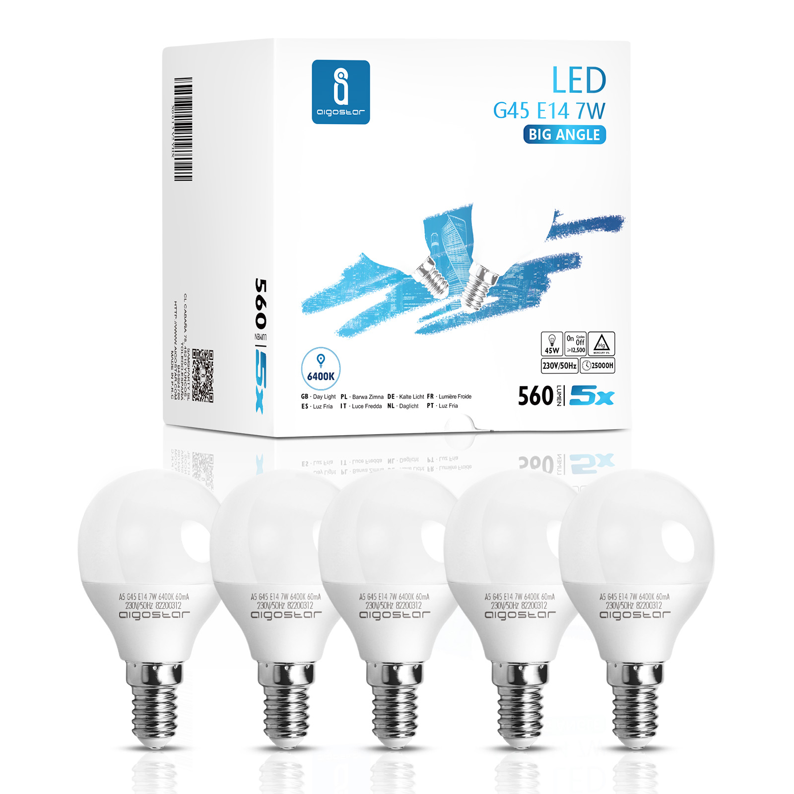 Bombilla LED e14 7w, 6400k 560 lúmen, 5 unidades aigostar