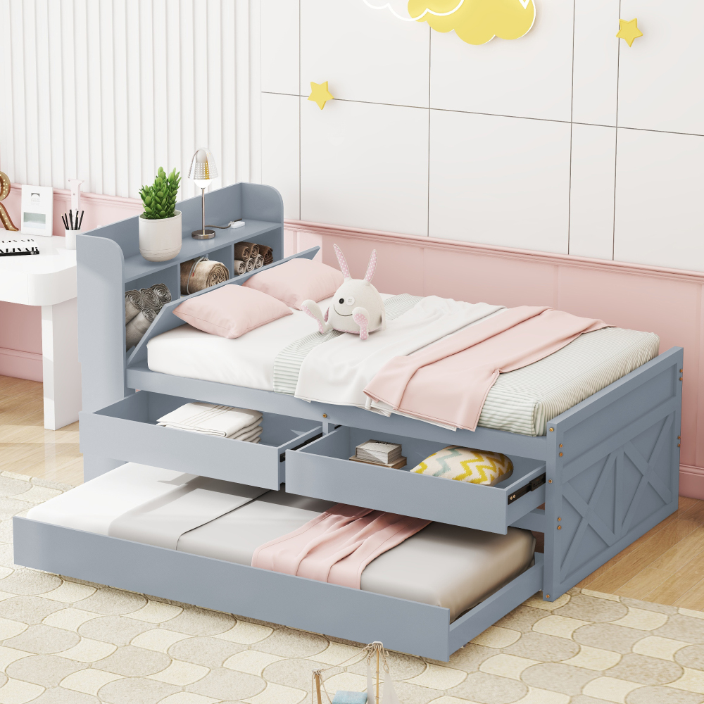 Cama Nido 90x190cm con Cajones, Estantes y USB, Pino Macizo – Gris