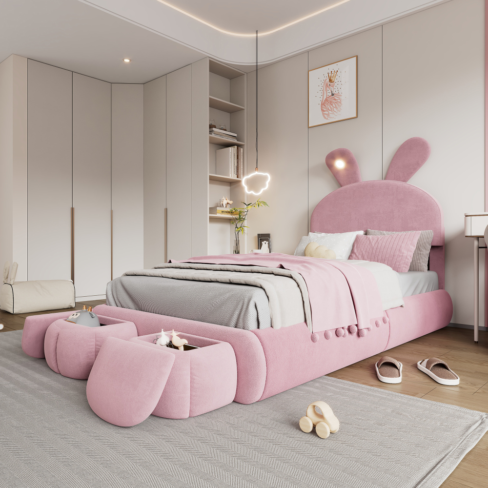 Cama individual 90x200cm con canapé, LED baúles pie de cama terciopelo rosa