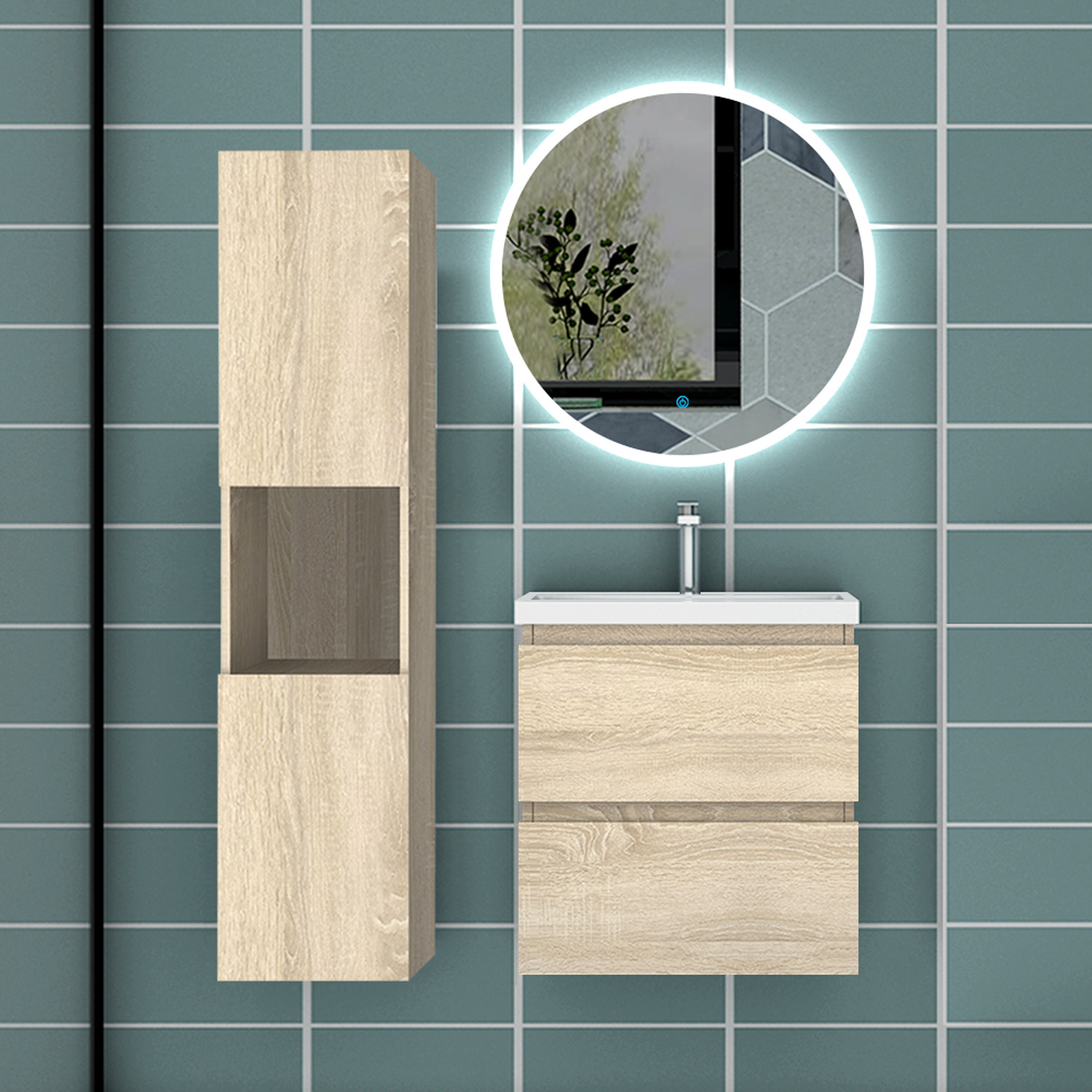 Mueble de baño aica de 50×38,5cm,roble,con lavabo,espejo y mueble lateral