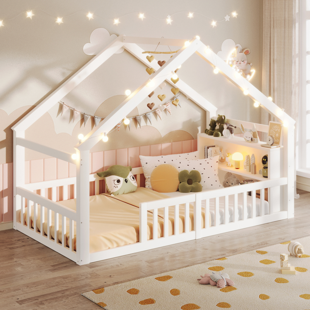 Cama 90x190cm con barandilla y estantes madera de pino – blanco