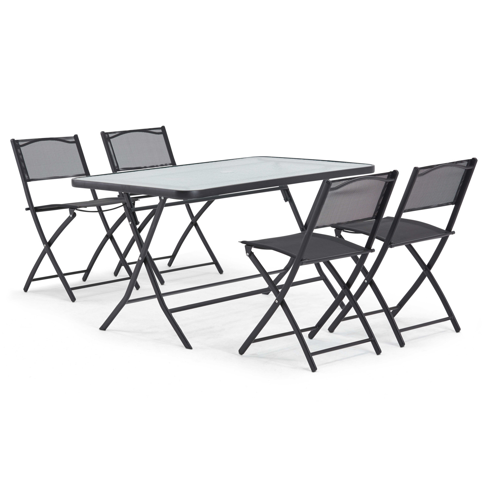 Oviala - mesa de jardín y 4 sillas plegables de acero y cristal calvi