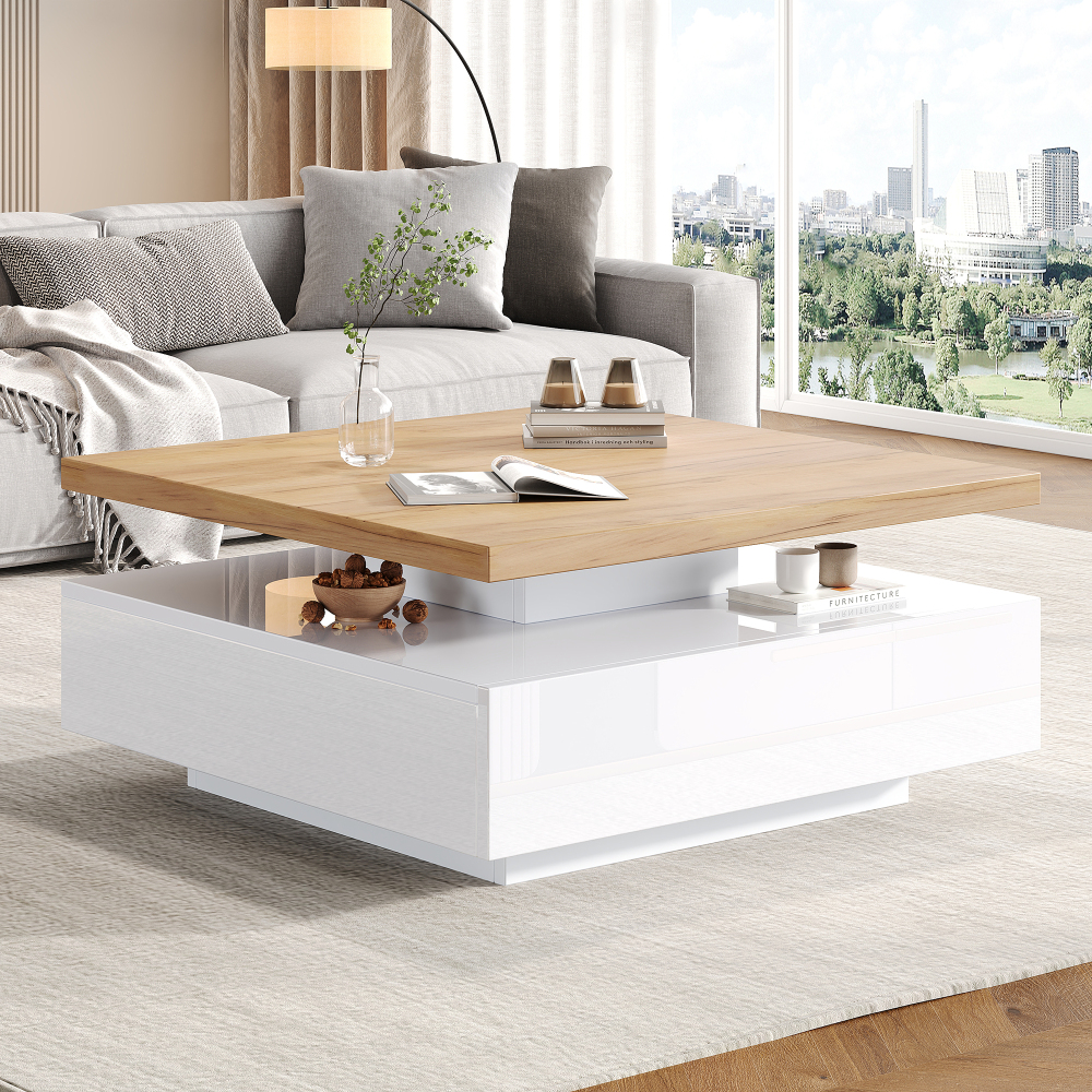 Mesa de centro giratoria 360 con cajón blanco y nogal 36x70x70cm