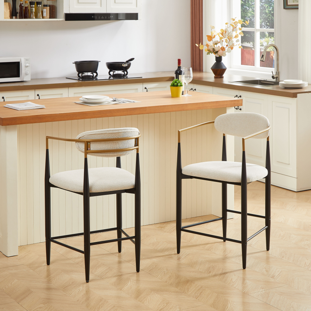 Taburete de cocina tela beige set de 2 con reposabrazos