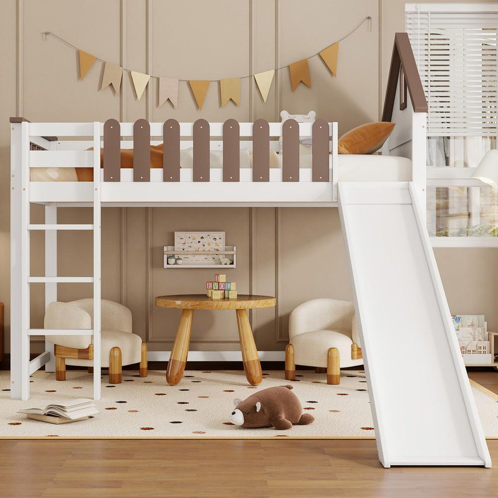 Litera mezzanine infantil 90x200cm madera con tobogán y ventana blanco