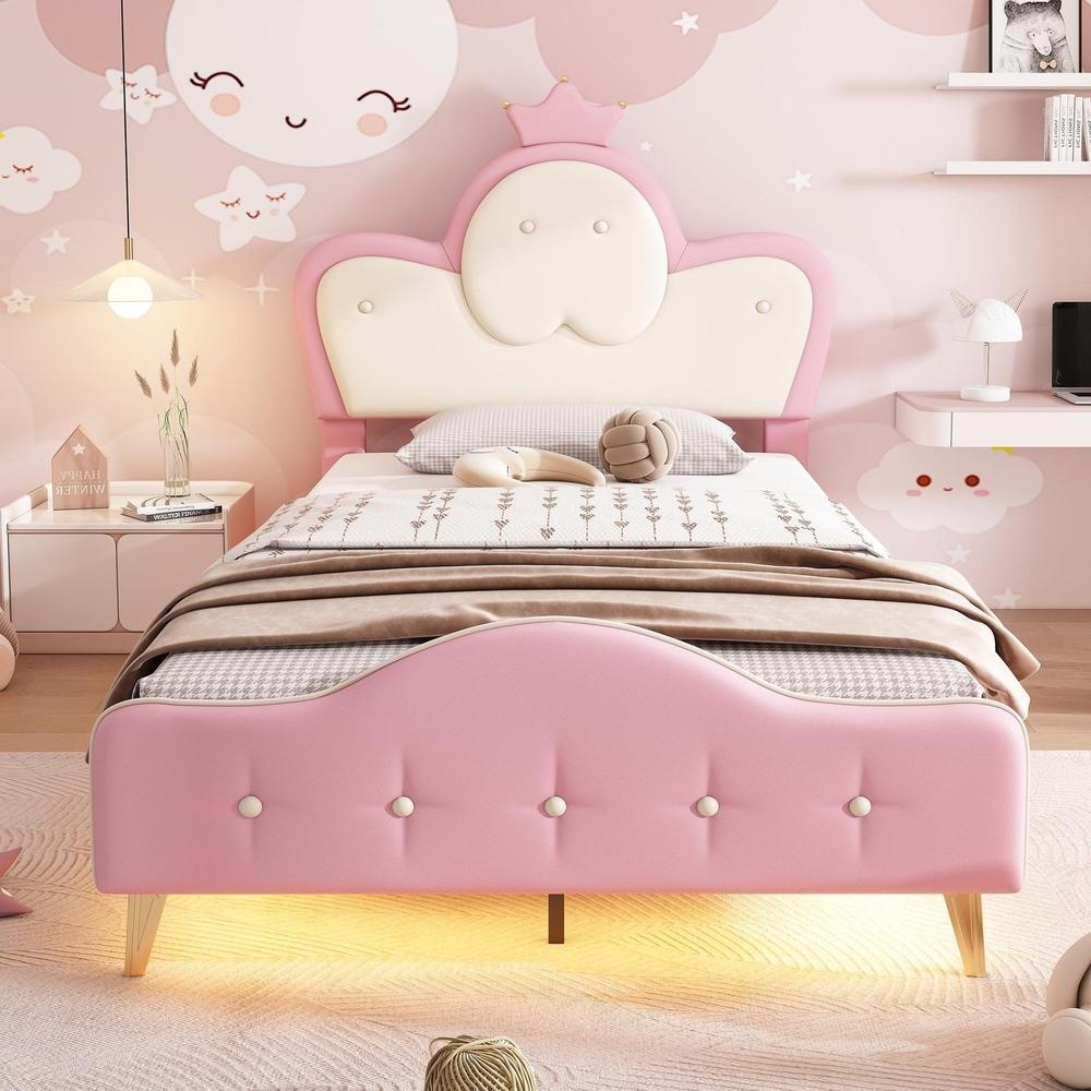 Cama infantil 90x200 cm con corona, LED, protecciones y somier, rosa