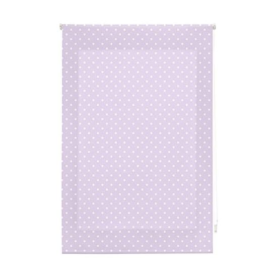 Estor enrollable premium 110x180 morado con motas blancas
