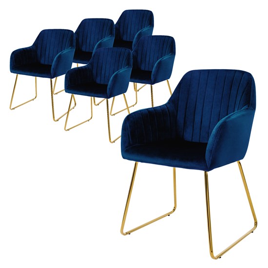 6x silla de comedor / salón asiento terciopelo azul patas de metal