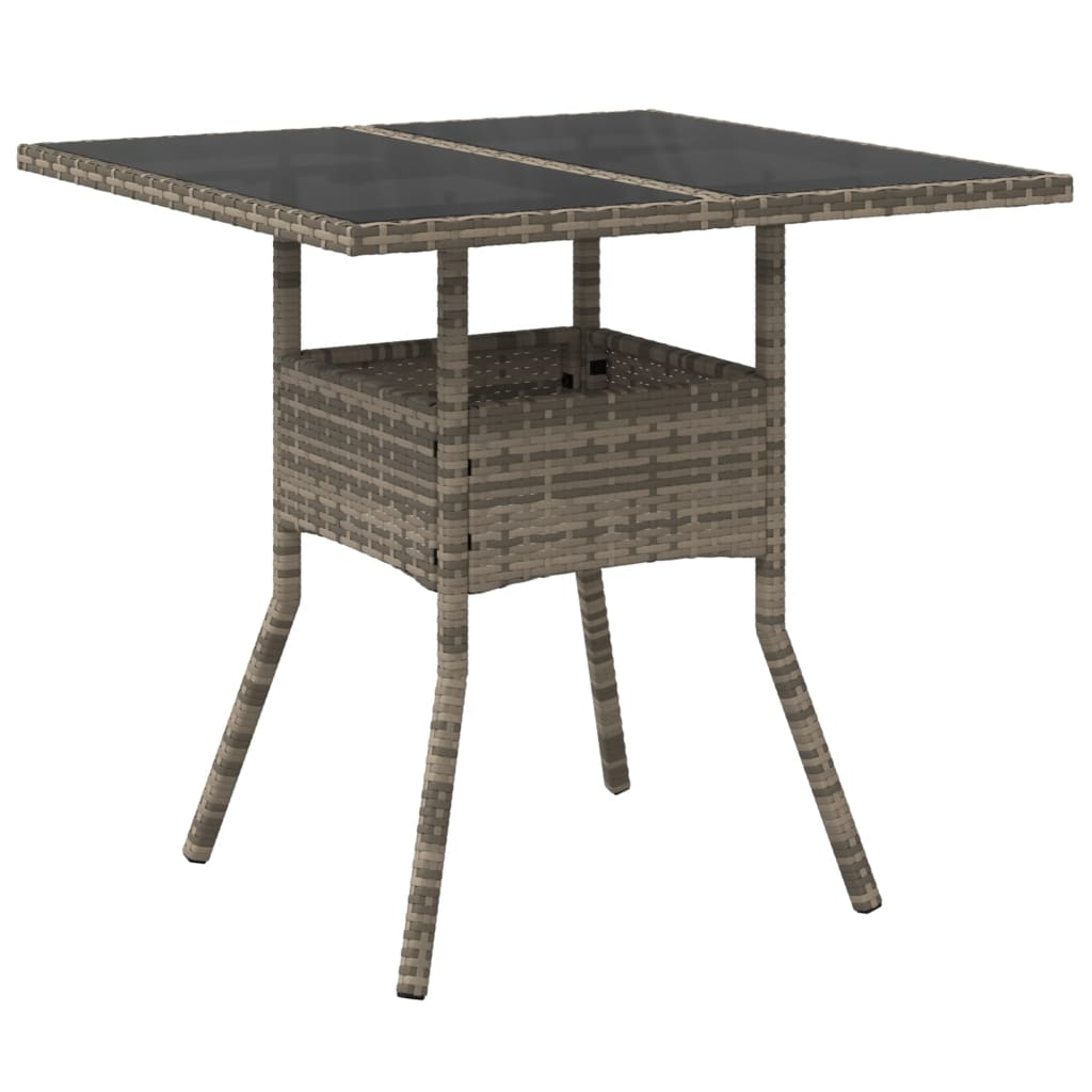 vidaXL mesa de jardín superficie de vidrio ratán pe gris 80x80x75 cm