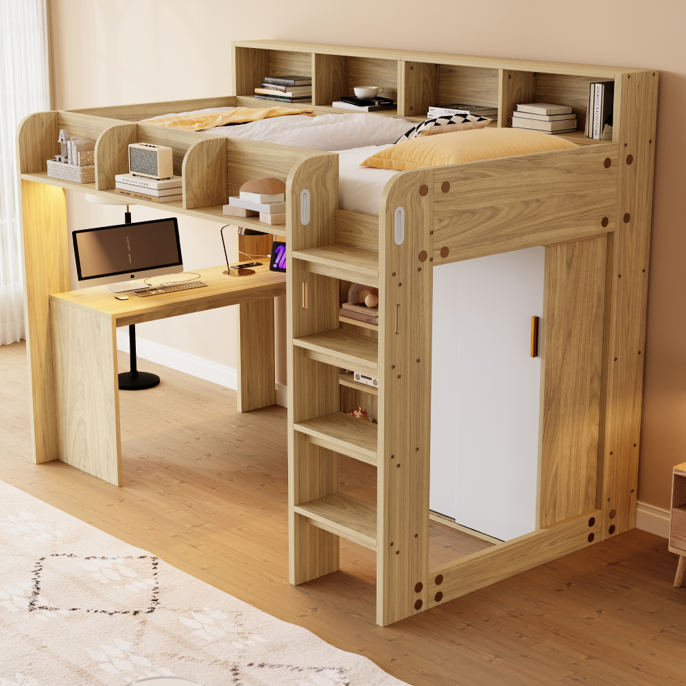 Cama alta 90x200cm con escritorio, armario, almacenaje y LED mdf natural