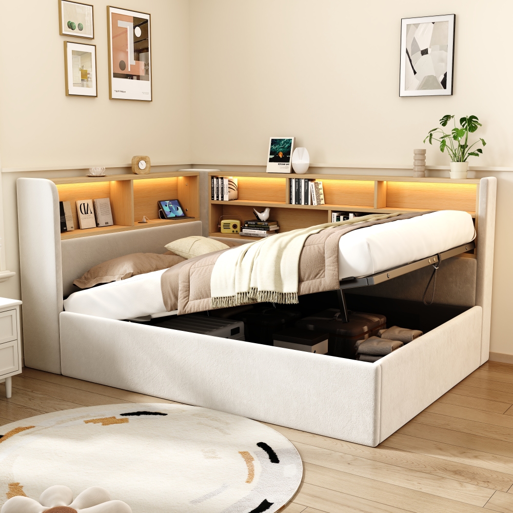 Cama 90x200 diván terciopelo beige con LED, usb-c y canapé