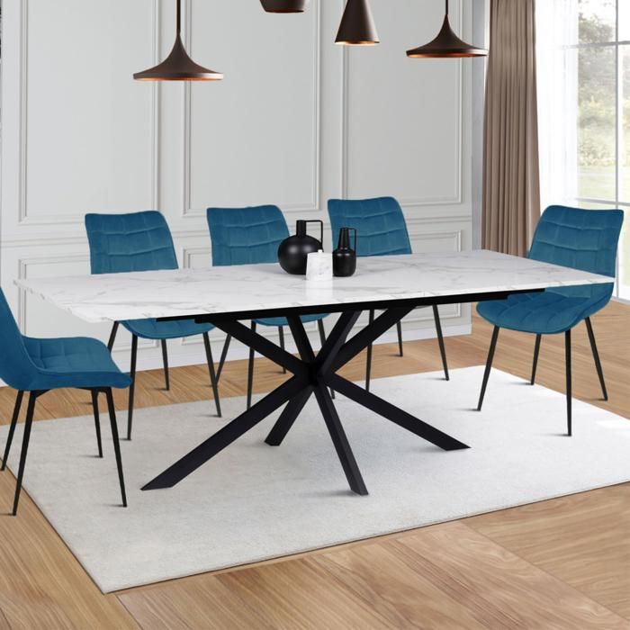 Mesa de comedor extensible de mármol blanco y negro de 200 cm