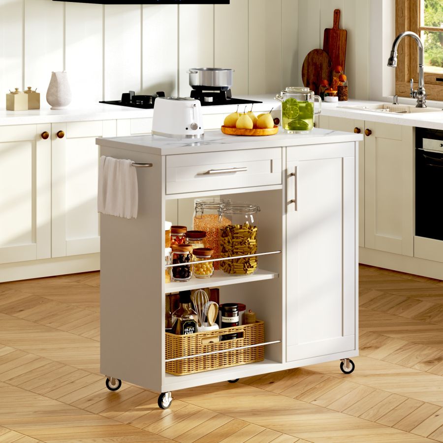 Isla de cocina móvil con cajón y armario blanco 90x90x62cm