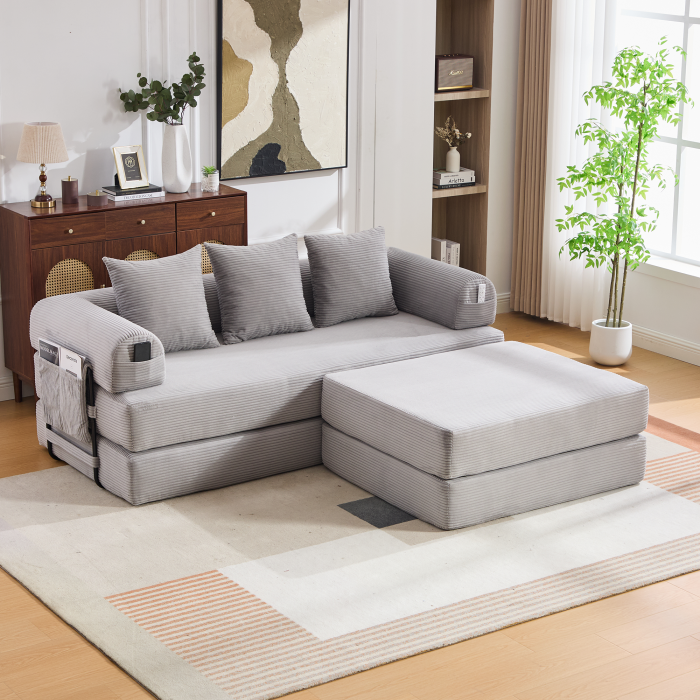 Sofá modular de pana gris claro con otomana y 3 cojines