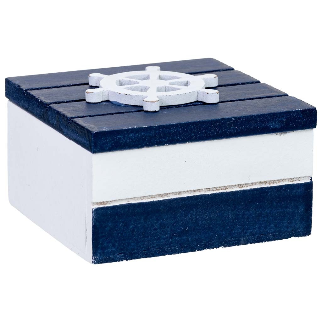 Caja de madera decorativa con timón azul 9x9x6h cm