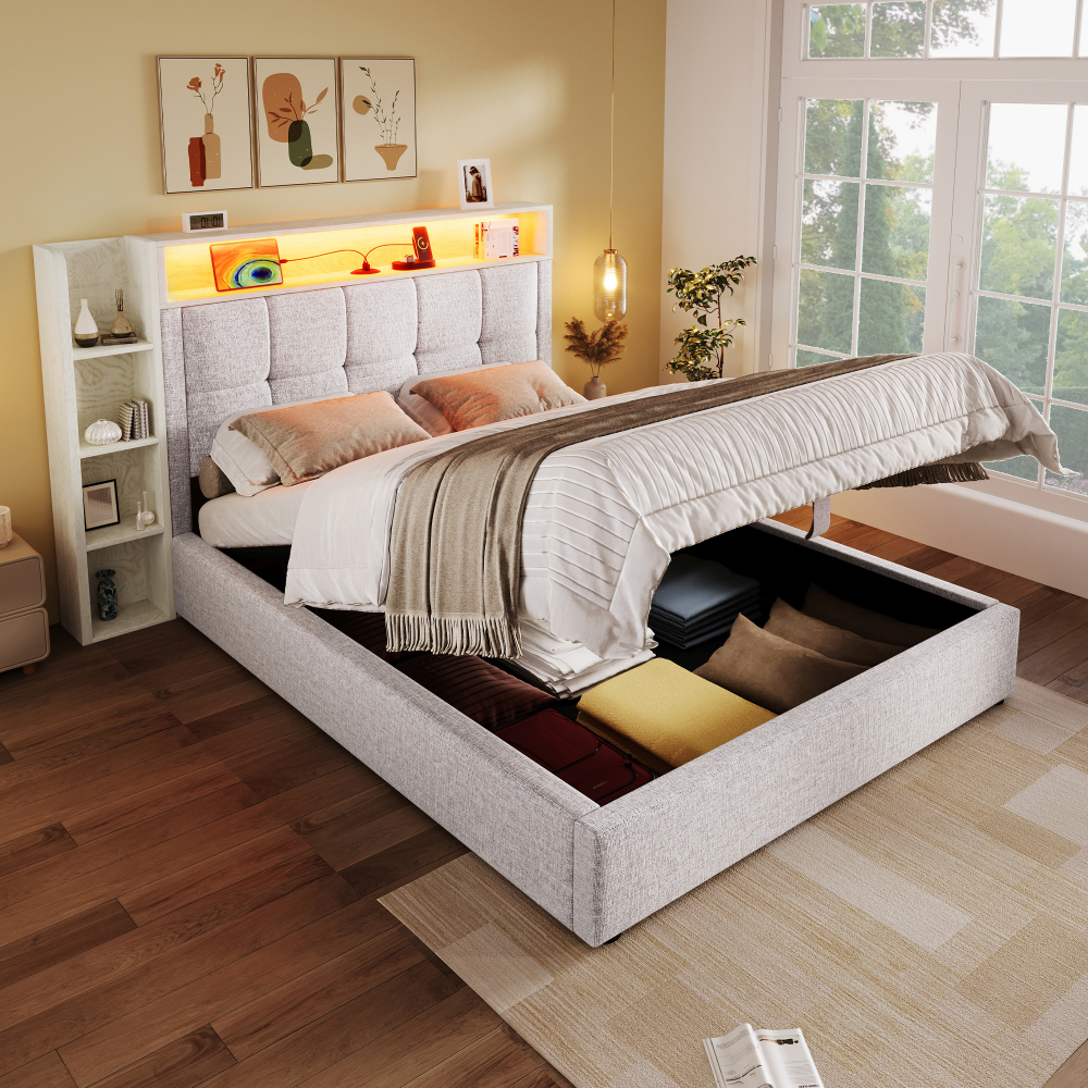 Cama tapizada 90x200cm con LED, usb y almacenaje lino – color beige