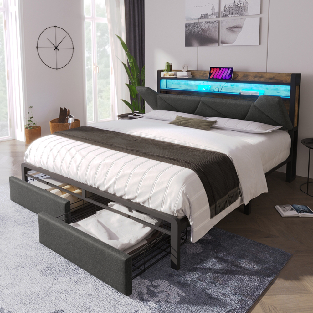 Cama tapizada 160x200cm con cabezal almacenaje y LED lino – gris