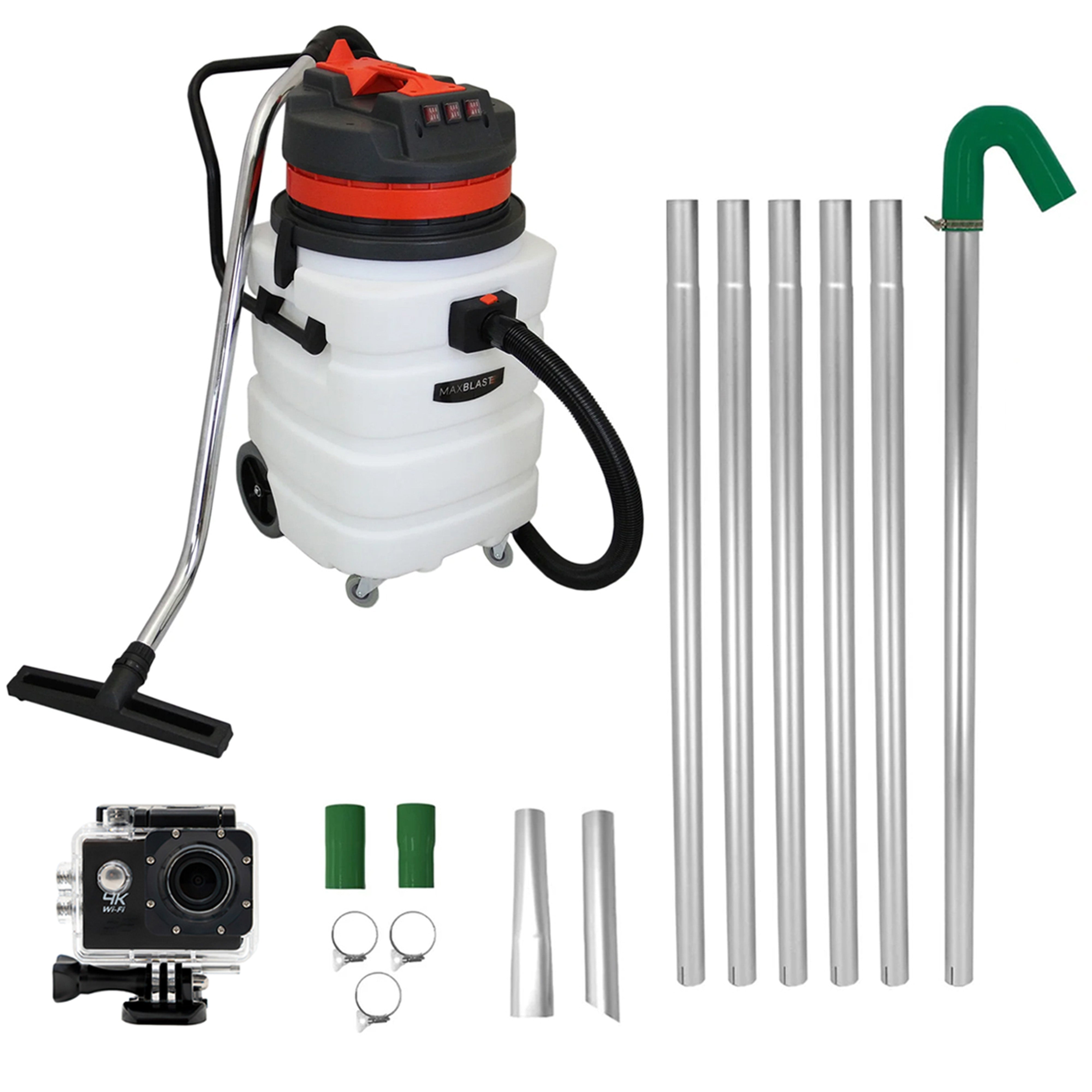 Kit limpieza de canalones: aspiradora 90l, tubos y cámara 4k
