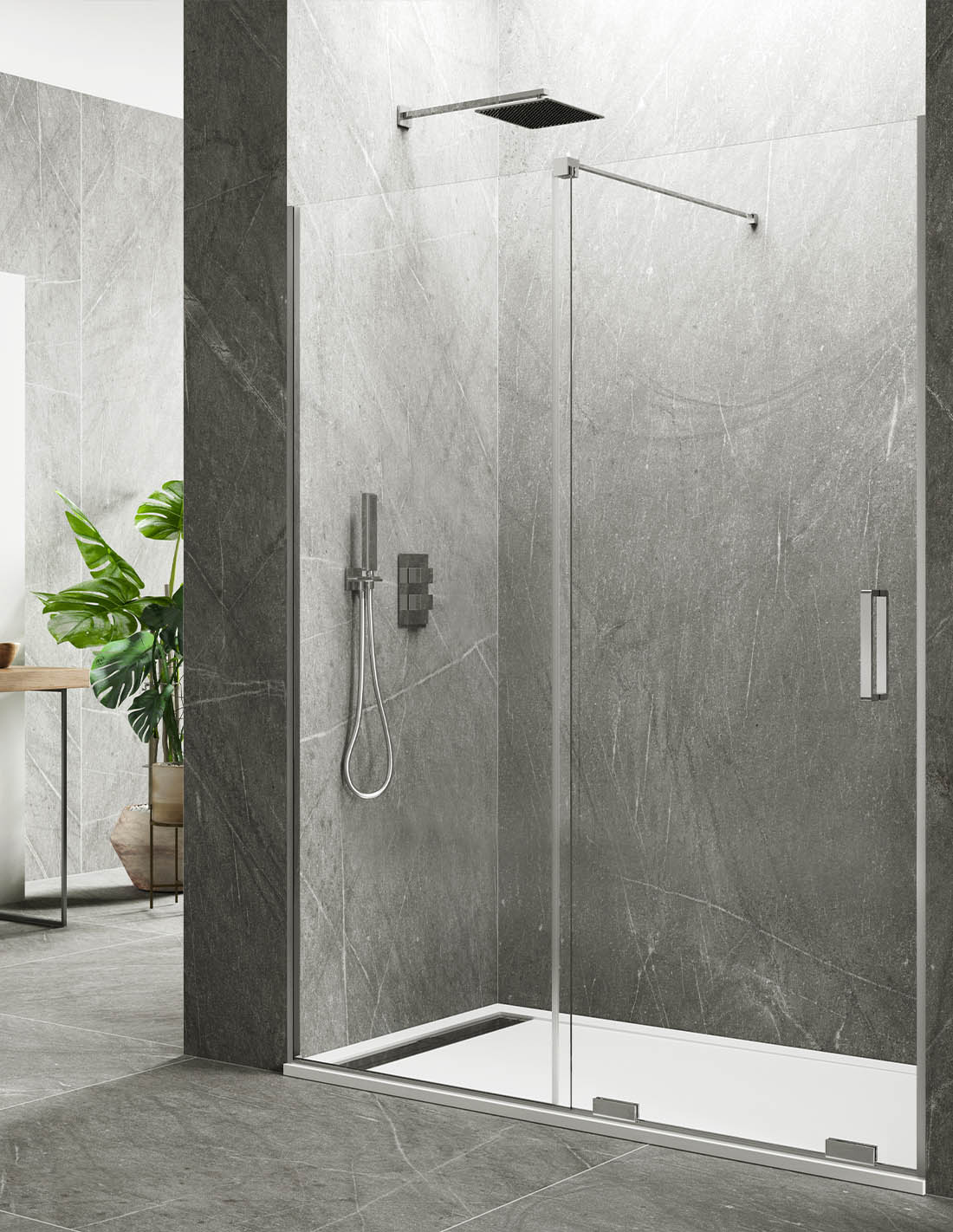 Mampara de ducha frontal keres 1+1, sin perfil 105cm perpendicular