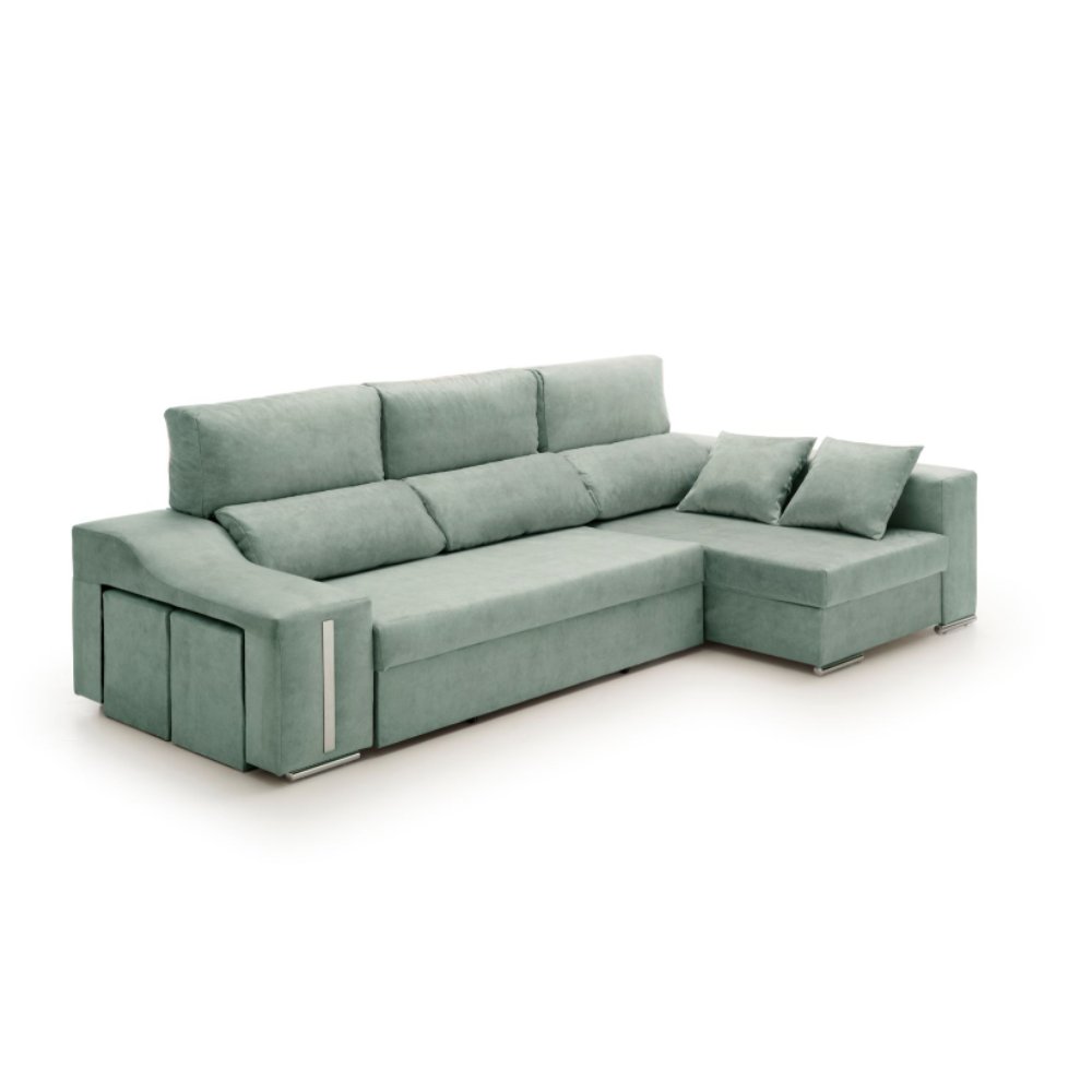 Sofa chaise longue cama con arcón y puff giuliana agua marina derecha