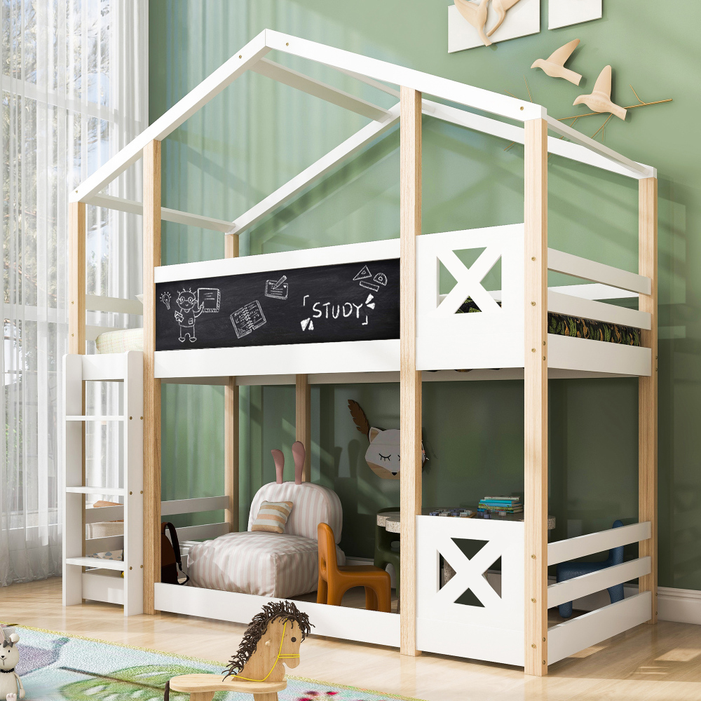 Litera casita 90x200cm con pizarra y escalera madera – blanco