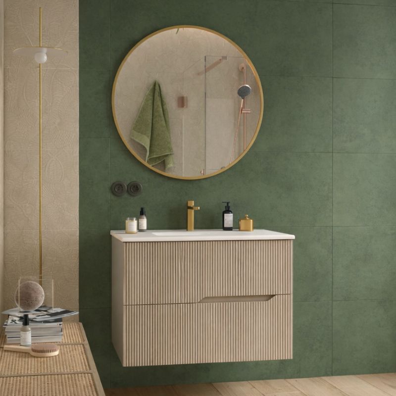 Mueble de baño suspendido 2 cajones bamboo 80 cm moka mate mate + lavabo