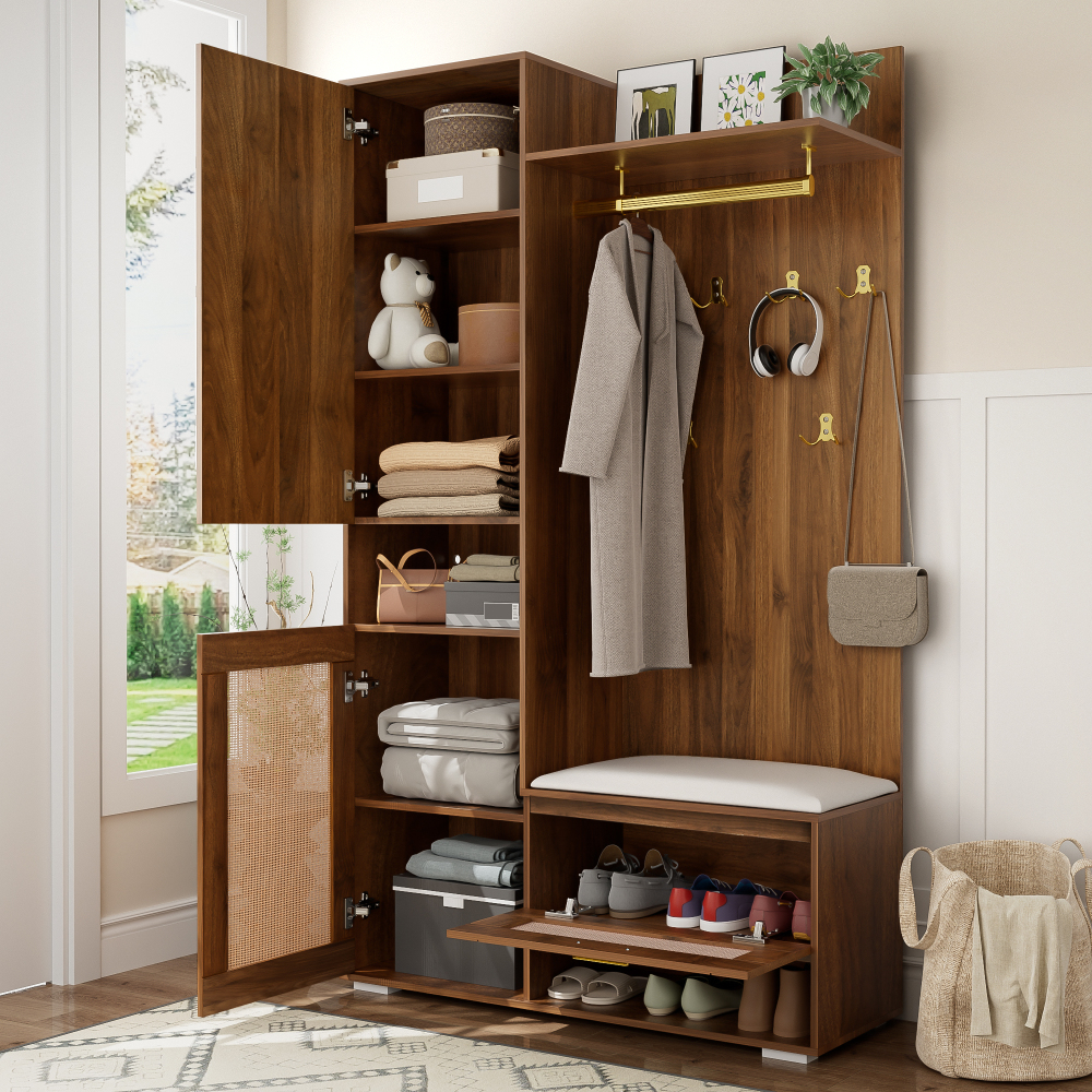Mueble recibidor con espejo y 3 puertas nogal y blanco 190x110x38cm