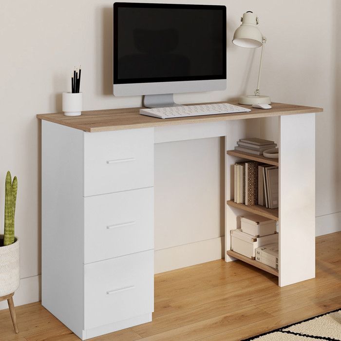 Escritorio recto - 3 cajones - blanco madera - 110 cm