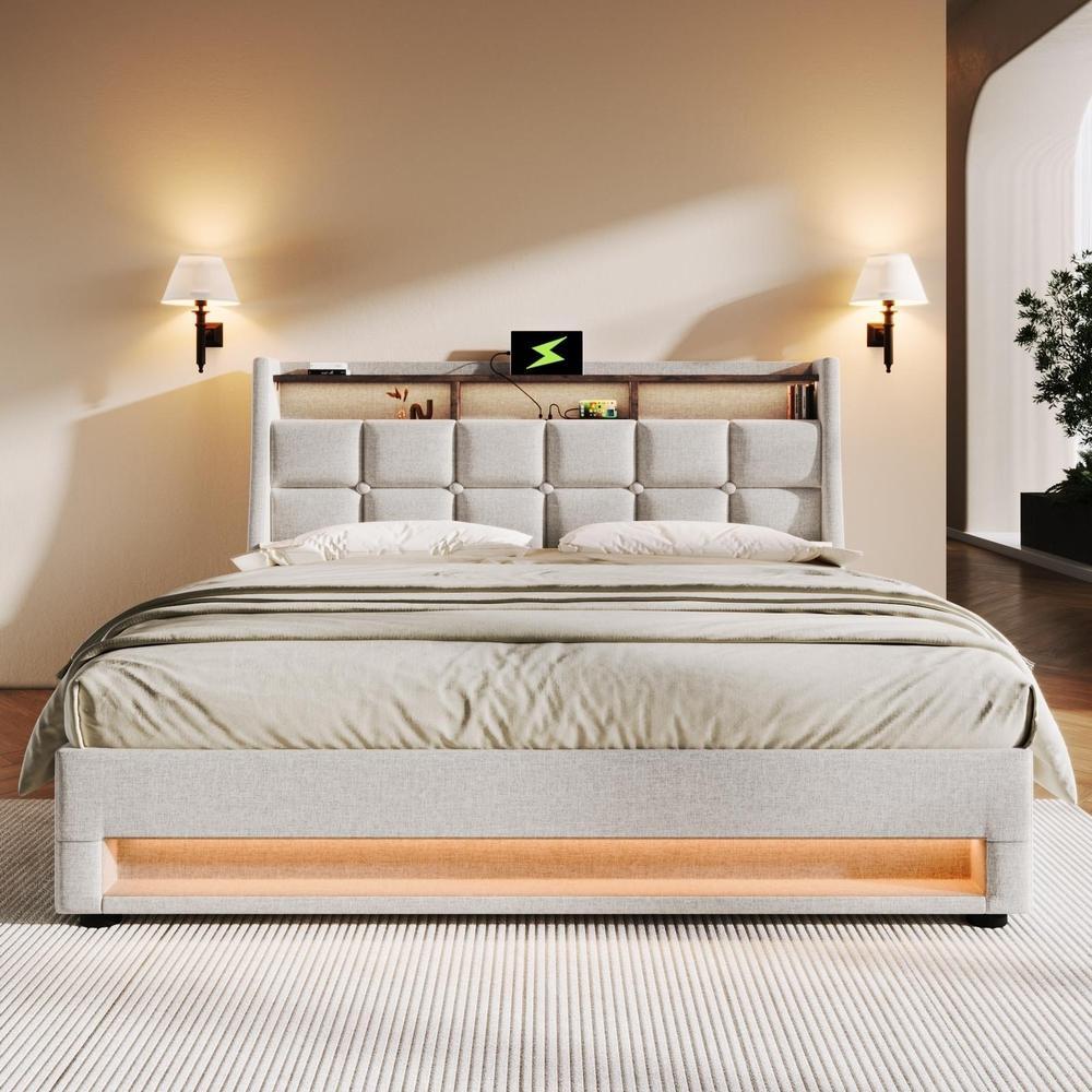 Cama 140x200cm con cabecero usb LED y almacenamiento hidráulico beige