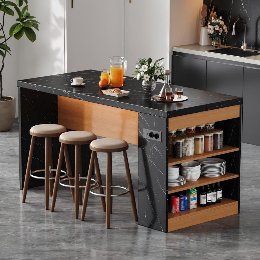 Isla de cocina con LED y enchufes negro y natural 90x155x80cm