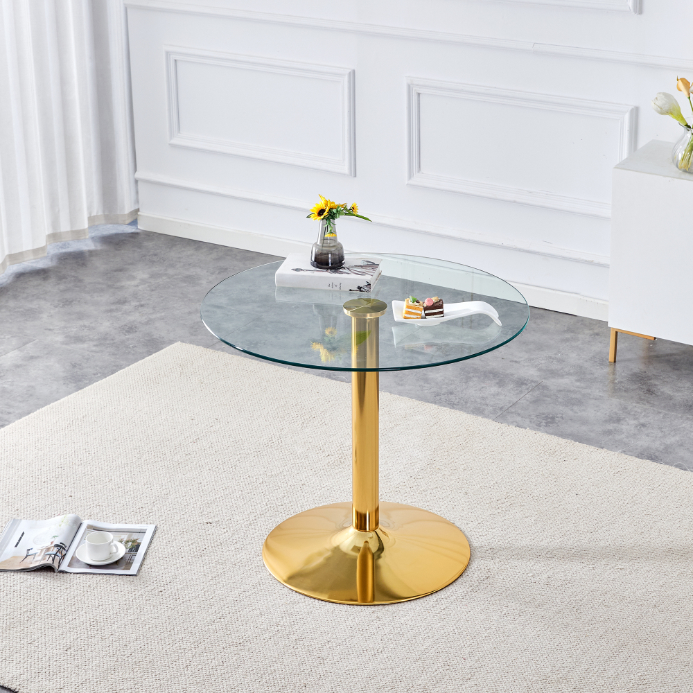Mesa alta redonda para bar cristal y metal dorado transparente 76x85x85cm