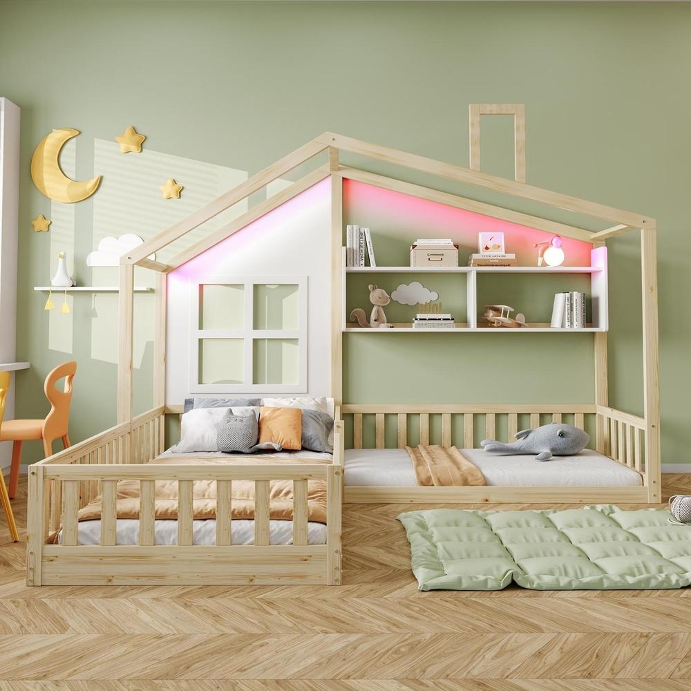 Cama infantil casita con LED, estantes y barrera, 90x200cm natural