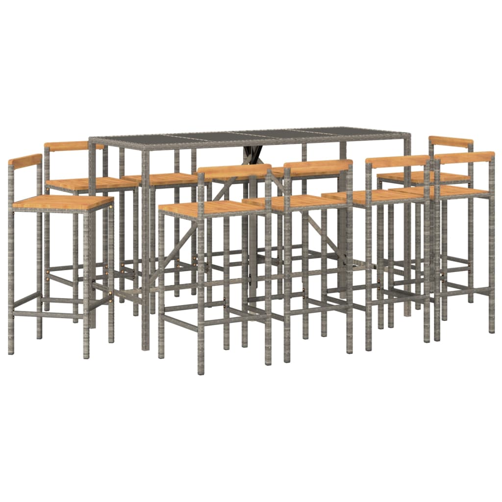 vidaXL mesa y taburetes altos jardín 11 pzas madera y ratán pe gris