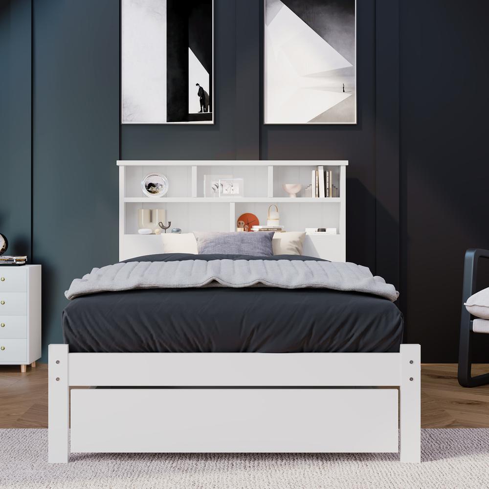 Cama individual con cajones y cabecero librería 90x200cm, blanca