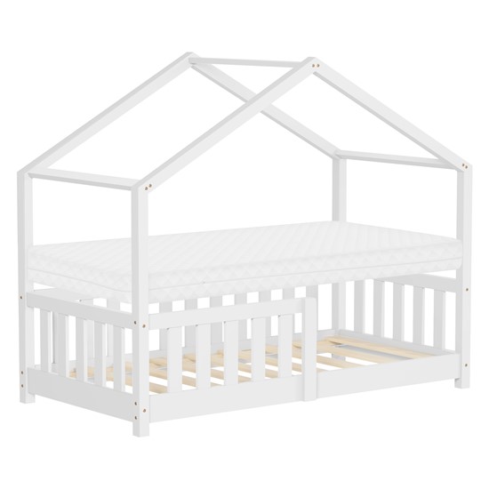 Cama infantil casa de madera blanca maciza pino 70x140cm con colchón