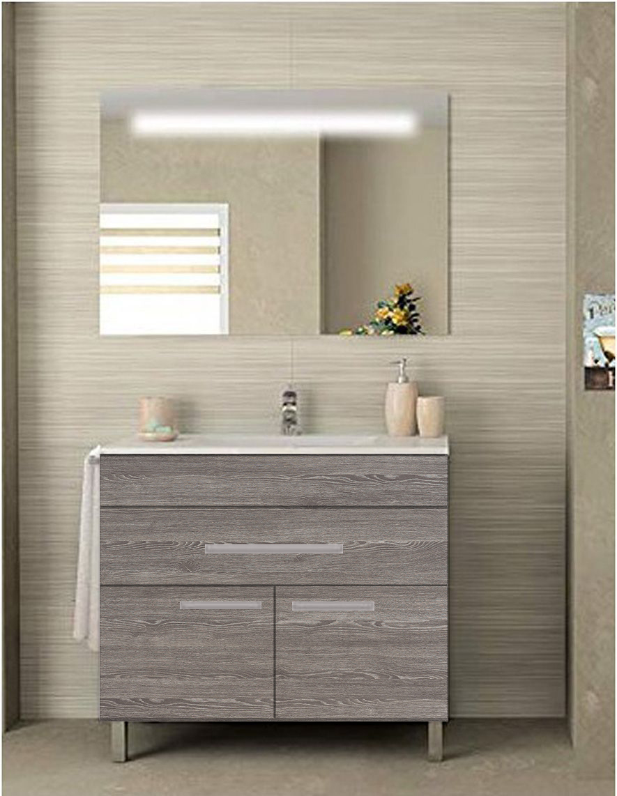 Mueble de baño bahia con lavabo dos senos y espejo 120x45cm roble smoky
