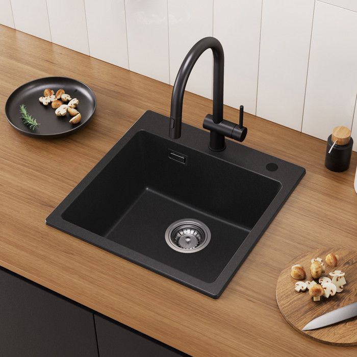 Fregadero de cocina 45x45cm 1 tazón negro de granito - conjunto drenaje