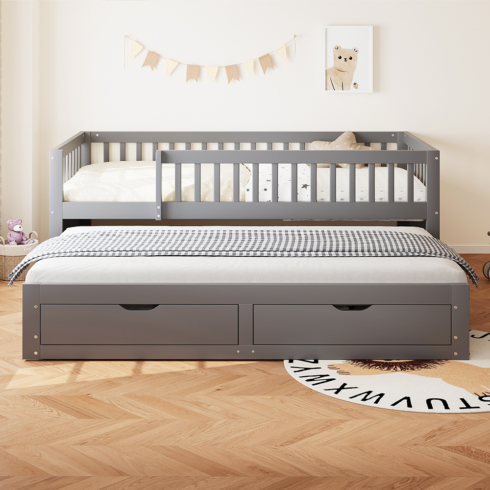 Cama de madera maciza,90x200cm,totalmente cerrada,gris.