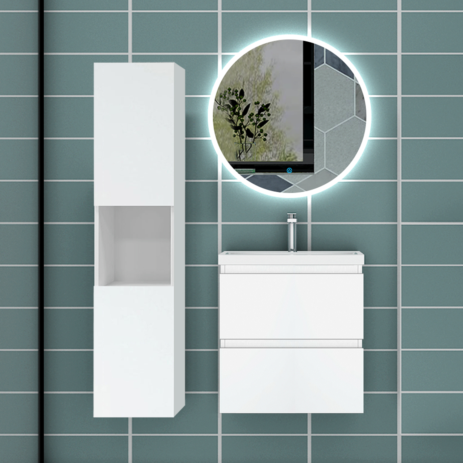 Mueble de baño aica de 50×38,5cm,blanco,con lavabo,espejo y mueble lateral