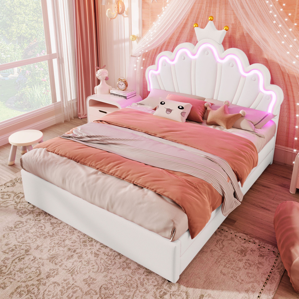 Cama tapizada 140x200 cm con LED y 2 cajones pu – color blanco
