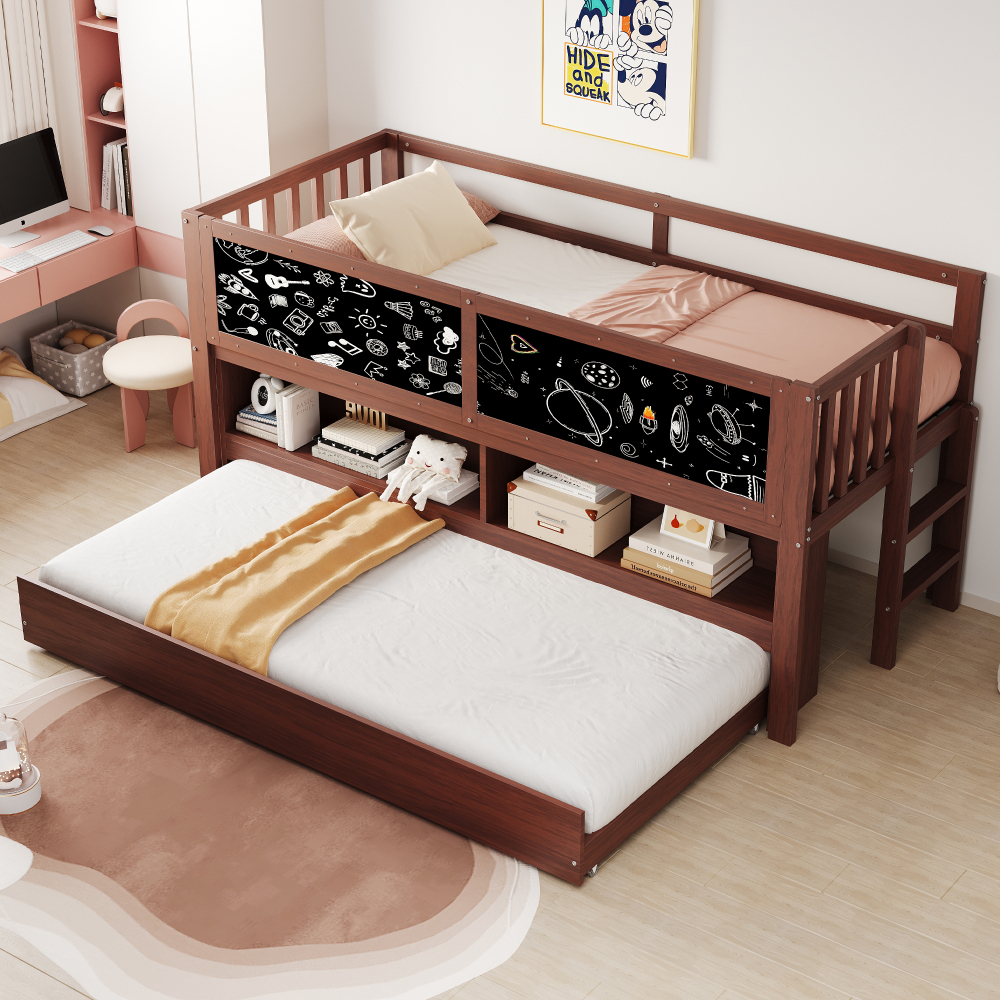 Cama casita 90x200cm con cama nido y almacenaje madera – marrón