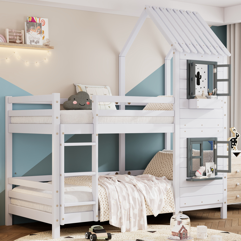 Litera infantil 90x200 cm con ventanas y barandilla madera – blanco y gris