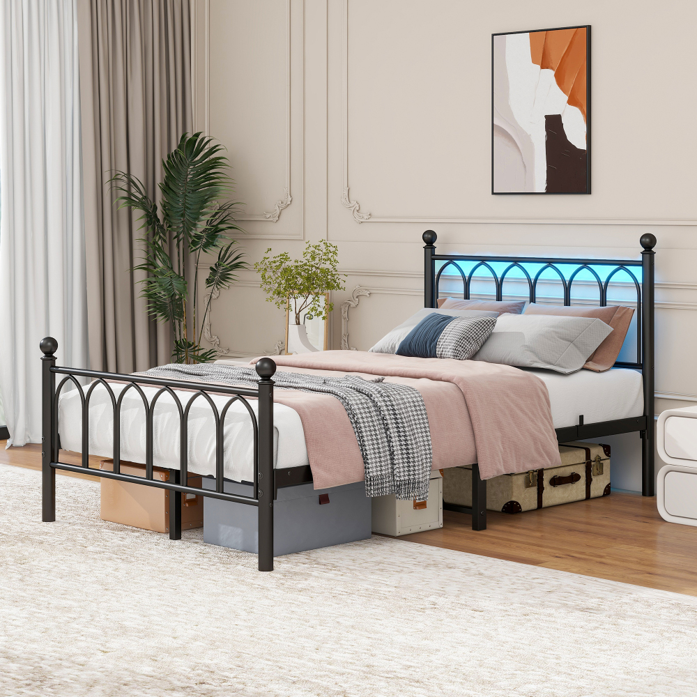 Cama metálica 120x200 cm con LED y carga usb metal – color negro