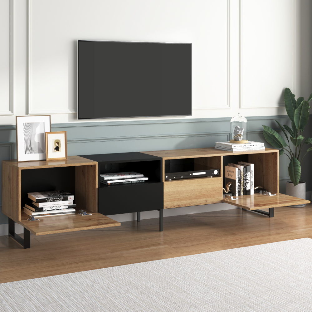 Mueble de tv para salón 2 puertas y 2 cajones negro y madera 48x190x38cm