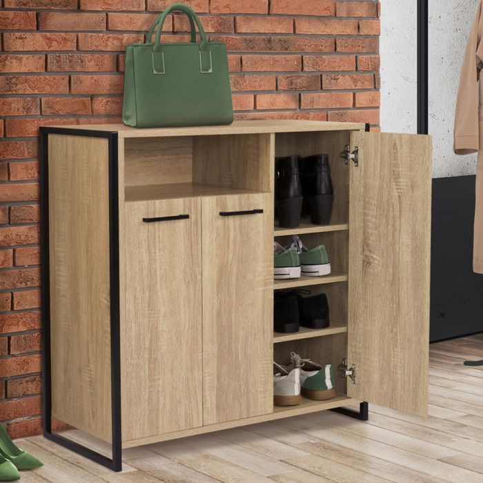 Armario zapatero de 3 puertas de metal y madera - 73 cm