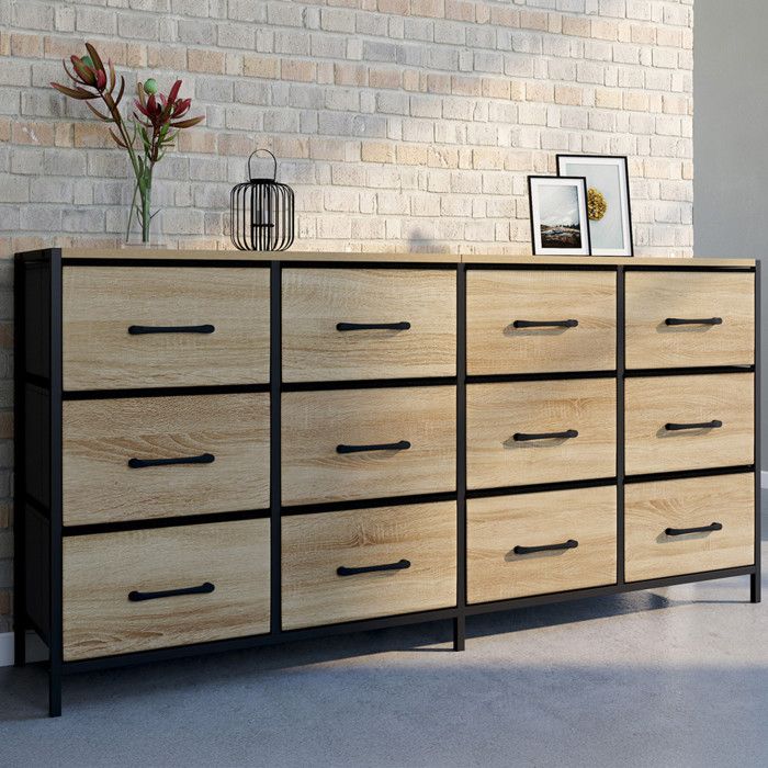Cómoda industrial de 12 cajones de tela y madera negra, 140 cm