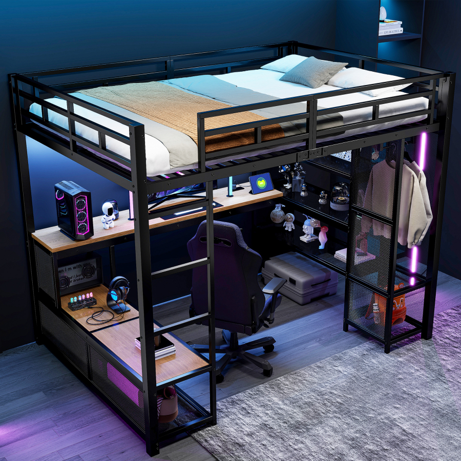 Cama alta 140x200cm con escritorio, armario abierto y LED negra