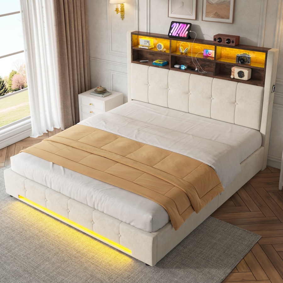 Cama tapizada 160x200cm con canapé, LED y usb-c beige